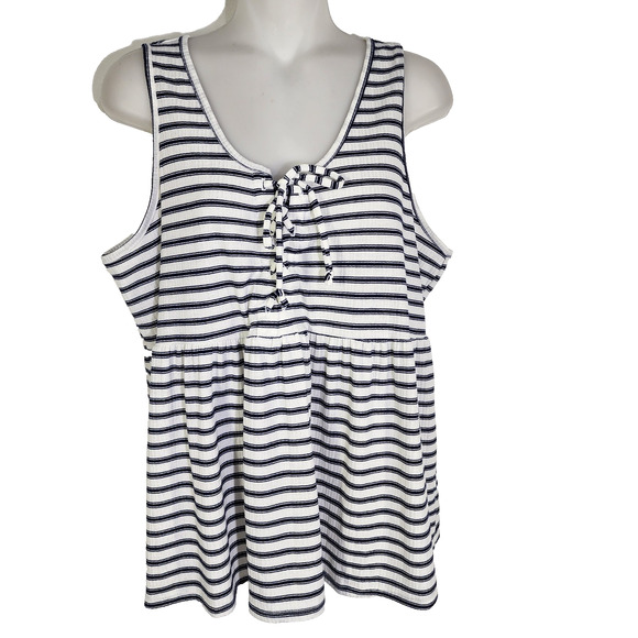 Maurices Womens Babydoll Peplum Tank Top Large White Navy Blue Striped Lace Up - Picture 1 of 9